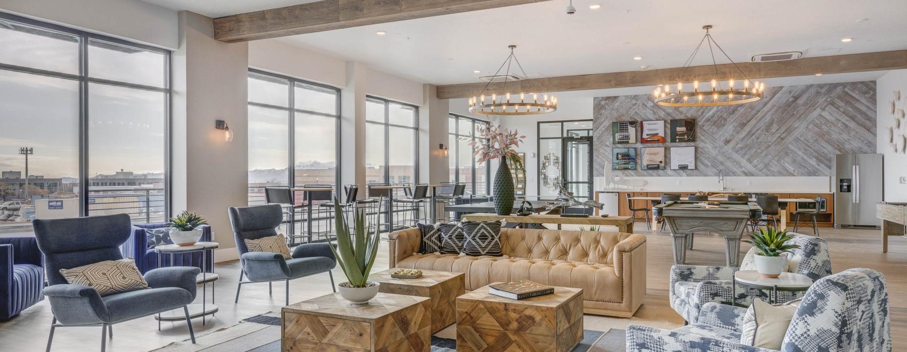 Beautiful clubroom with lounge seating and natural lighting