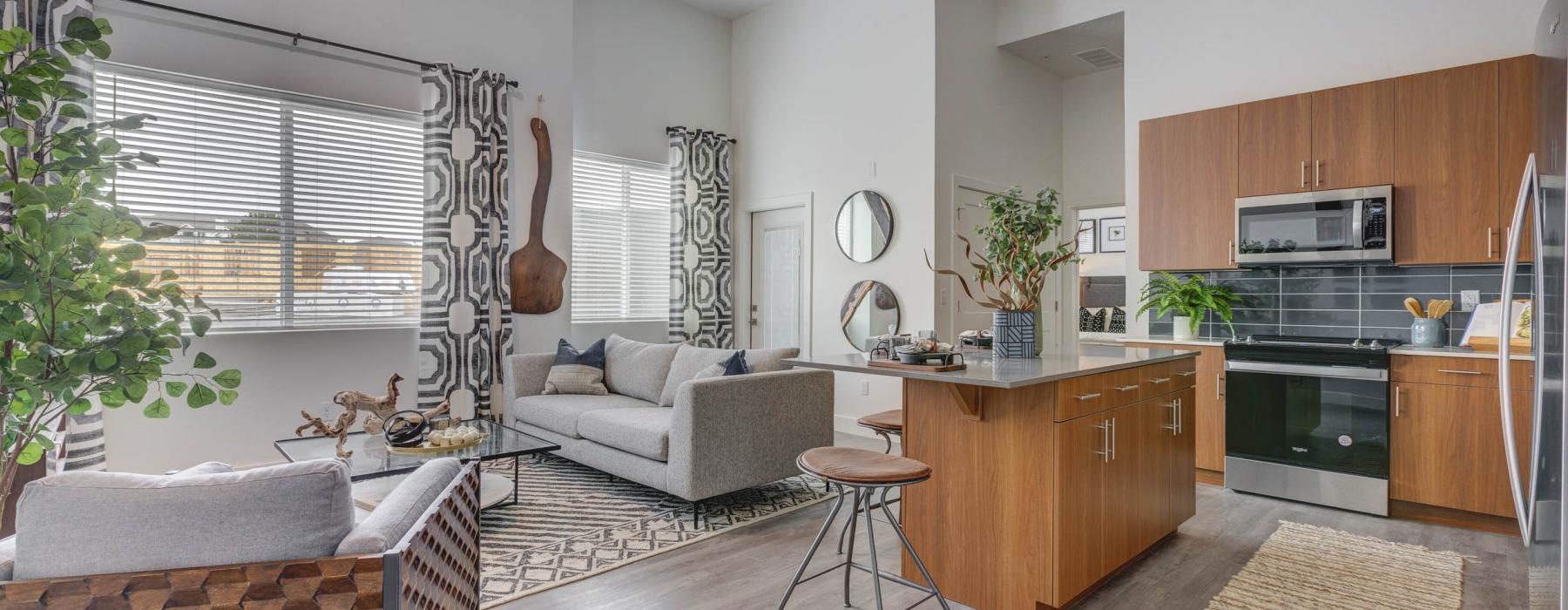 a kitchen and living room